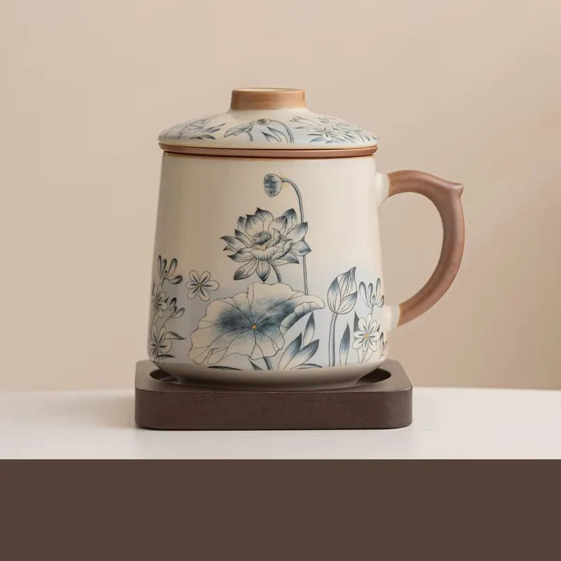 Chinese Style Ceramic Mug with Lid and Built In Tea Filter, 13.5 oz