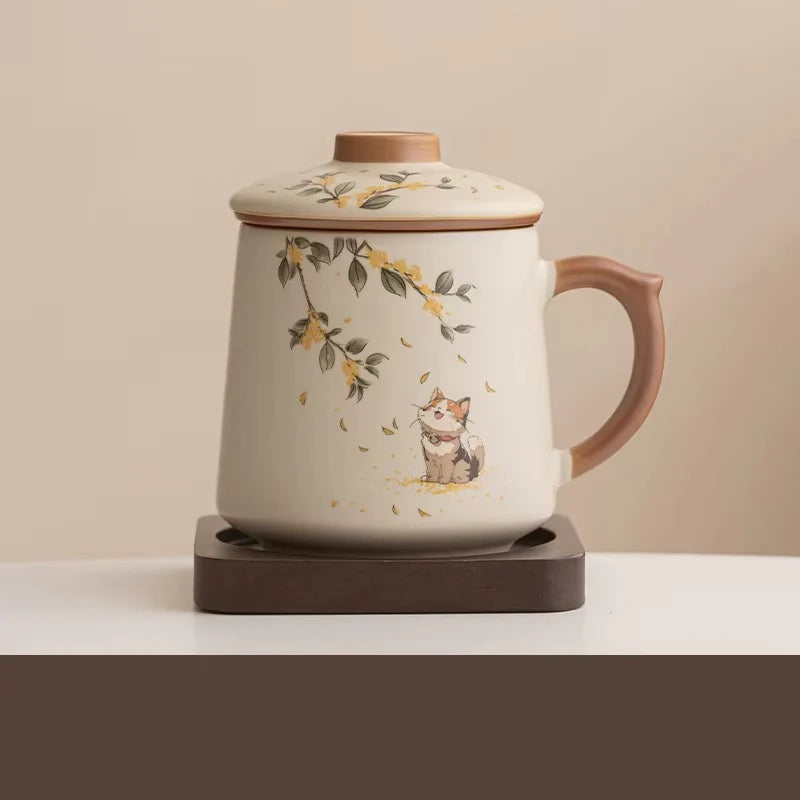 Chinese Style Ceramic Mug with Lid and Built In Tea Filter, 13.5 oz