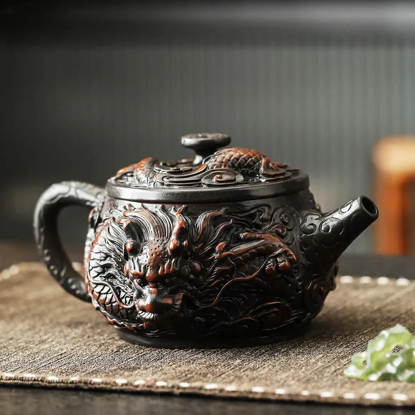 Hand Painted Purple Clay Dragon Teapot with Antique Relief Carving