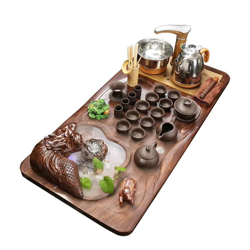 Electric Wooden Tea Tray Set with Flowing Water and Ceramic Kung Fu Teaware