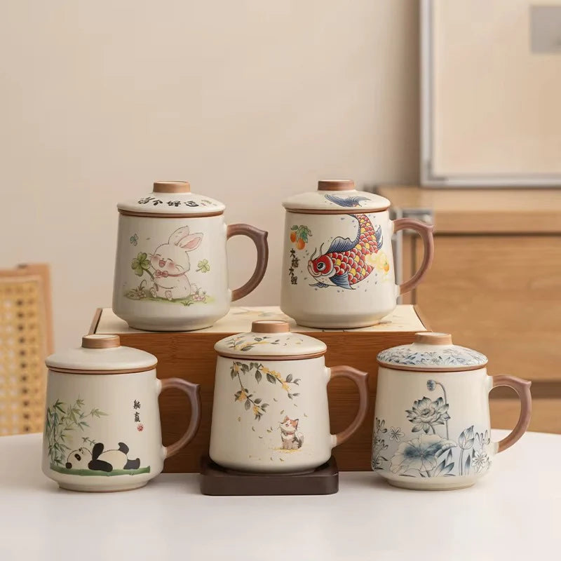 Chinese Style Ceramic Mug with Lid and Built In Tea Filter, 13.5 oz