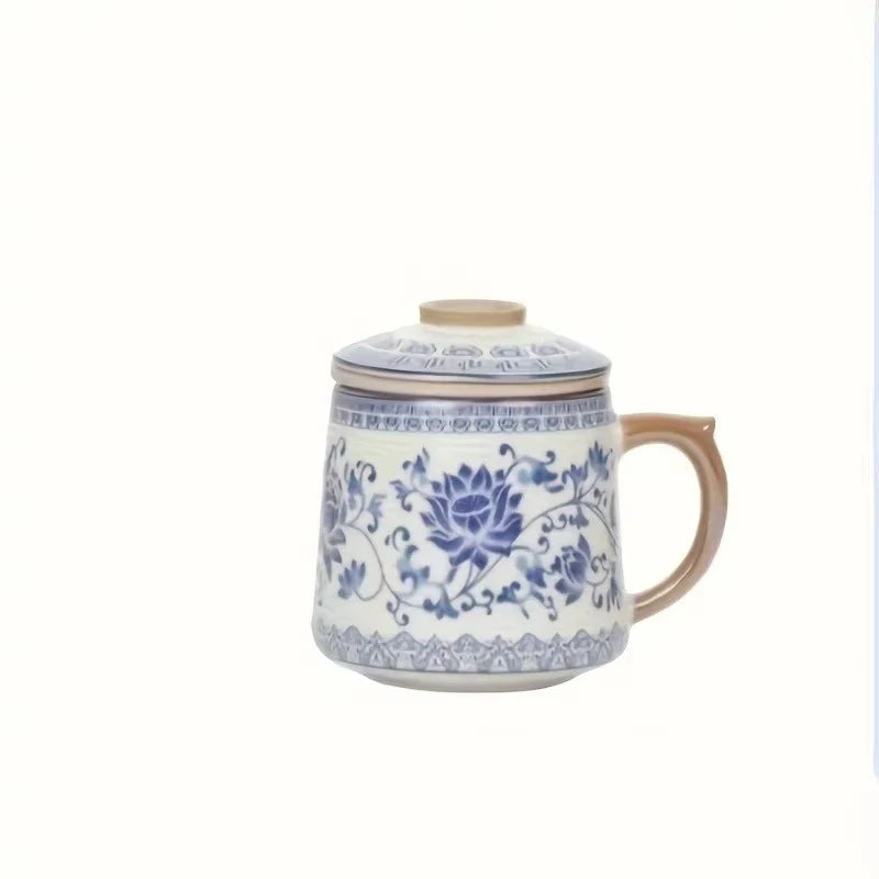 Blue and White Ceramic Tea Mug with Lid, Handmade Floral Porcelain Coffee Cup