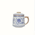 Blue and White Ceramic Tea Mug with Lid, Handmade Floral Porcelain Coffee Cup