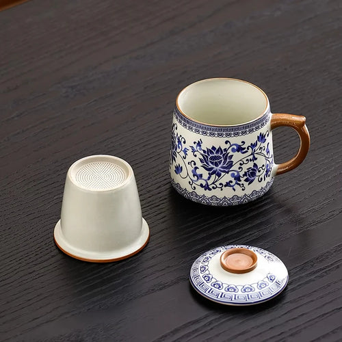 Blue and White Ceramic Tea Mug with Lid, Handmade Floral Porcelain Coffee Cup