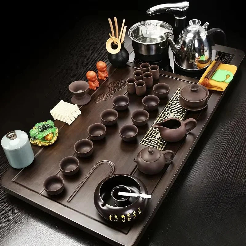 Solid Wood Tea Tray and Purple Sand Kung Fu Tea Set
