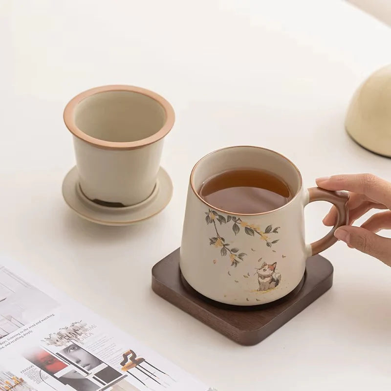 Chinese Style Ceramic Mug with Lid and Built In Tea Filter, 13.5 oz