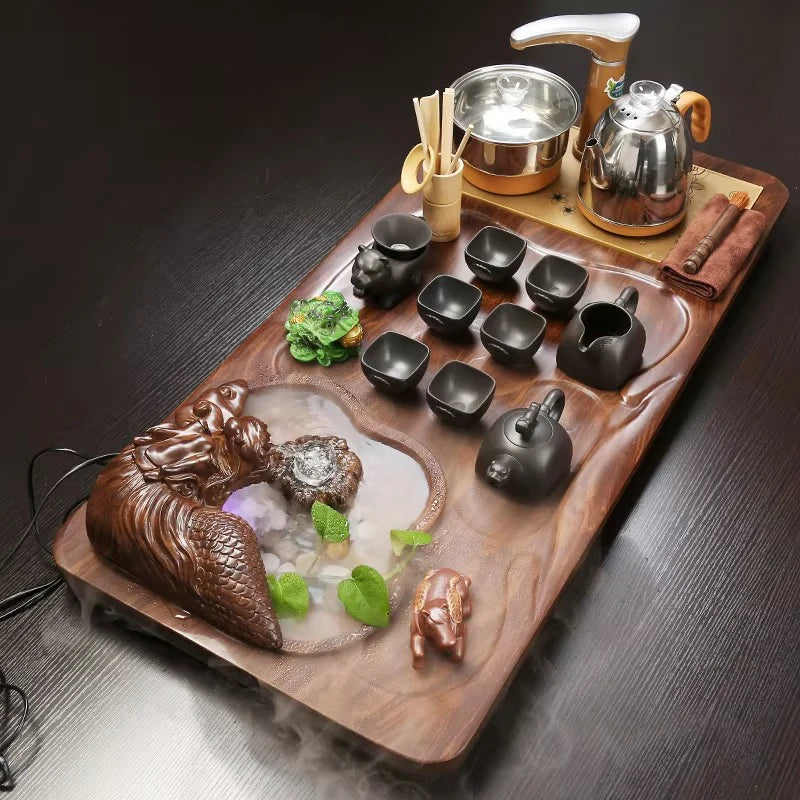 Electric Wooden Tea Tray Set with Flowing Water and Ceramic Kung Fu Teaware