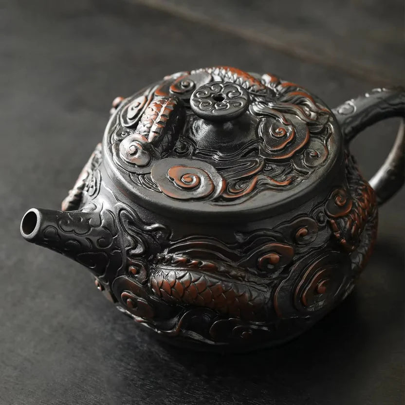 Hand Painted Purple Clay Dragon Teapot with Antique Relief Carving