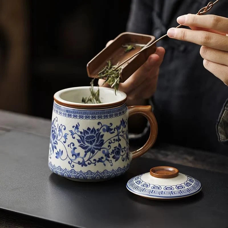 Blue and White Ceramic Tea Mug with Lid, Handmade Floral Porcelain Coffee Cup