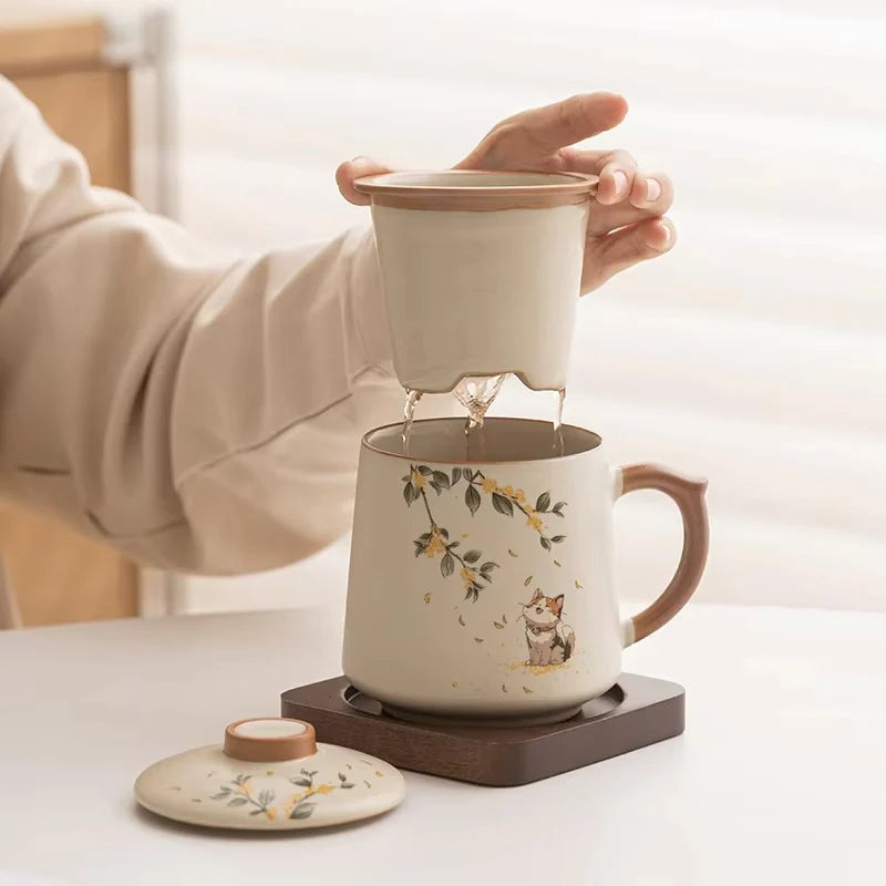 Chinese Style Ceramic Mug with Lid and Built In Tea Filter, 13.5 oz