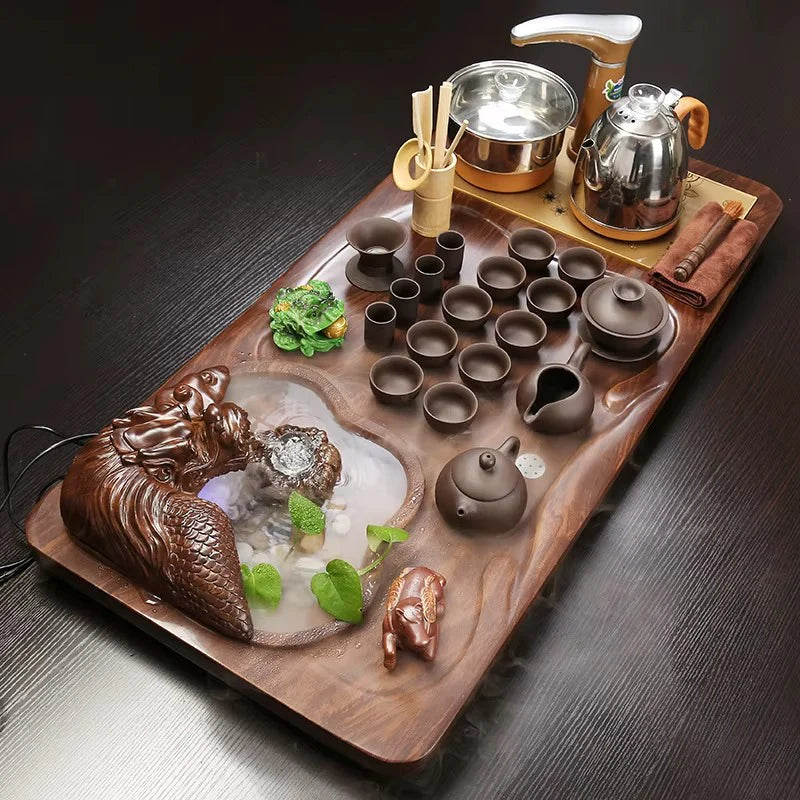 Electric Wooden Tea Tray Set with Flowing Water and Ceramic Kung Fu Teaware