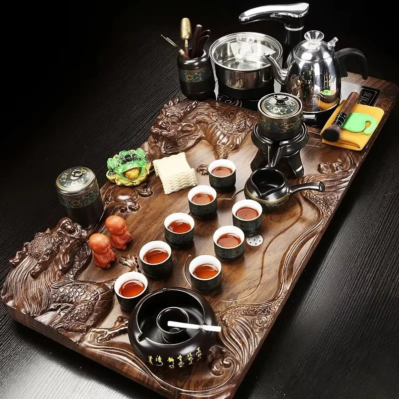 Solid Wood Tea Tray and Purple Sand Kung Fu Tea Set