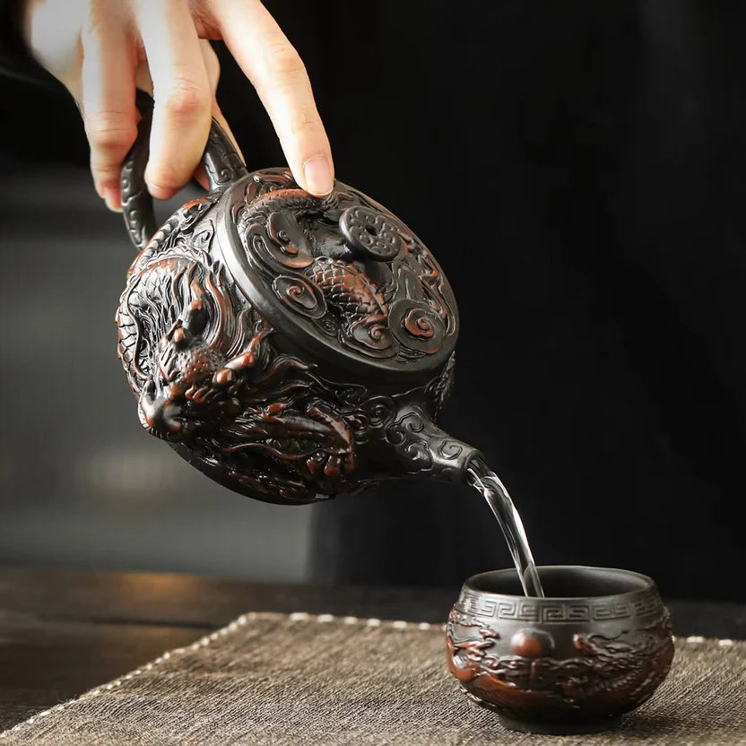 Hand Painted Purple Clay Dragon Teapot with Antique Relief Carving