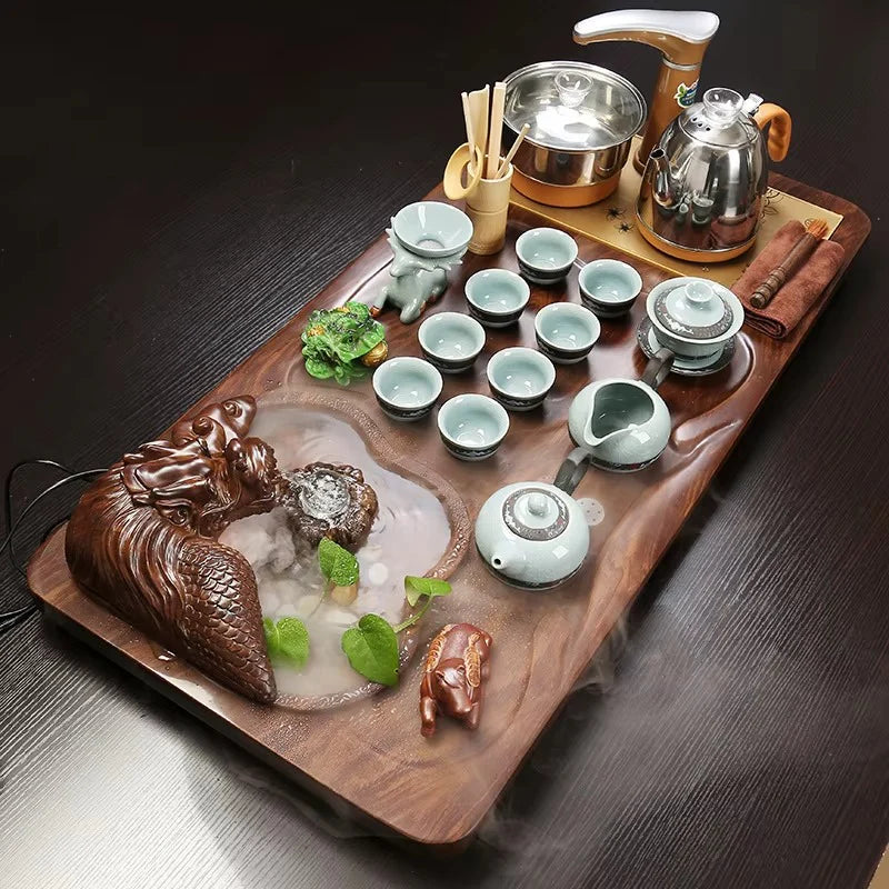 Electric Wooden Tea Tray Set with Flowing Water and Ceramic Kung Fu Teaware