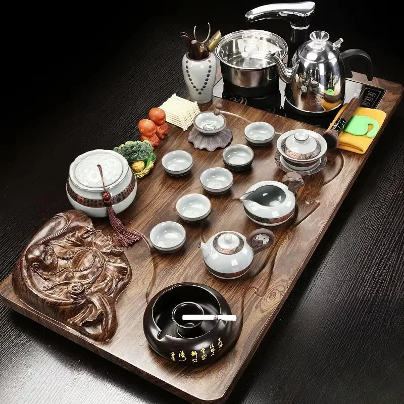 Solid Wood Tea Tray and Purple Sand Kung Fu Tea Set