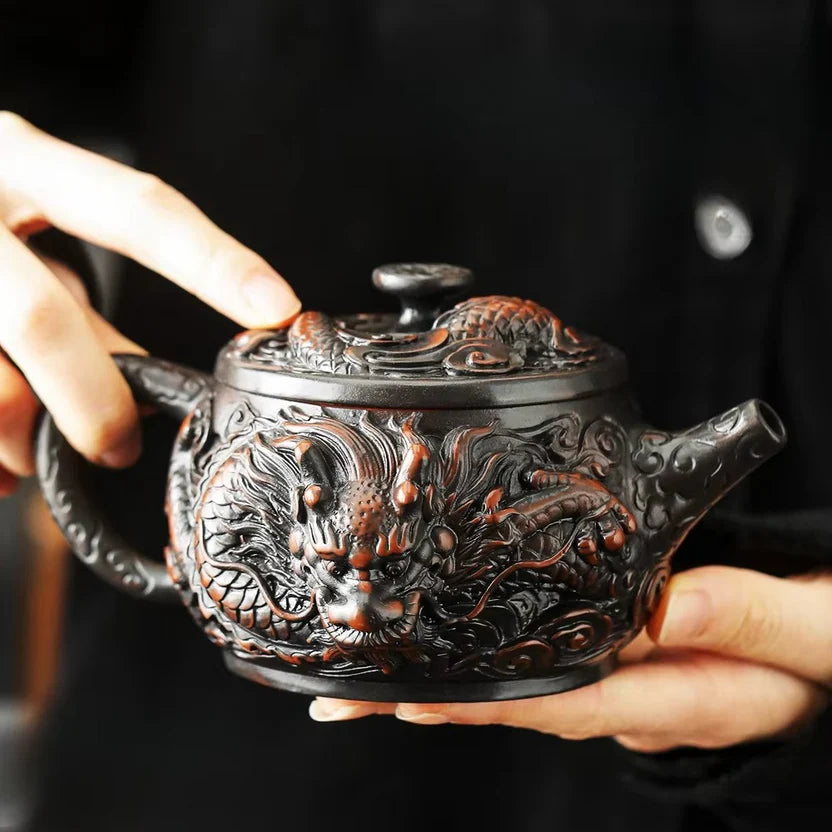 Hand Painted Purple Clay Dragon Teapot with Antique Relief Carving