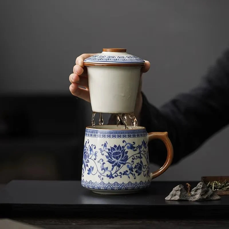 Blue and White Ceramic Tea Mug with Lid, Handmade Floral Porcelain Coffee Cup