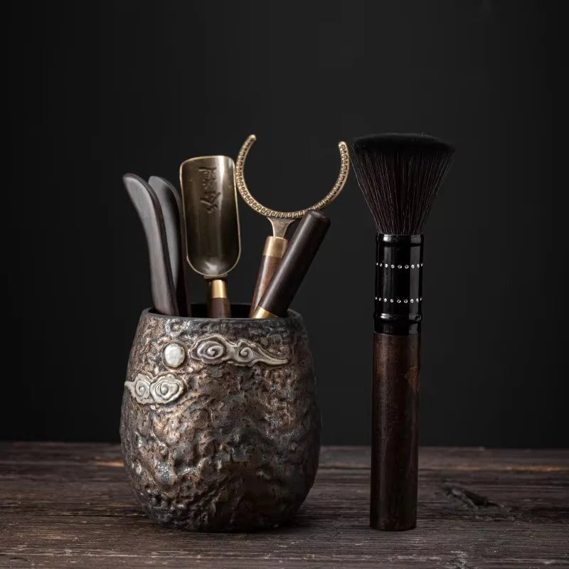 Dragon Gilt Ceramic Tea Set with Pottery Canister and Lotus Pot for Traditional Tea Ceremony