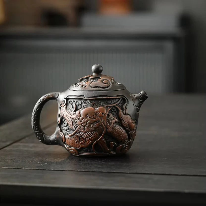 Hand Painted Purple Clay Dragon Teapot with Antique Relief Carving