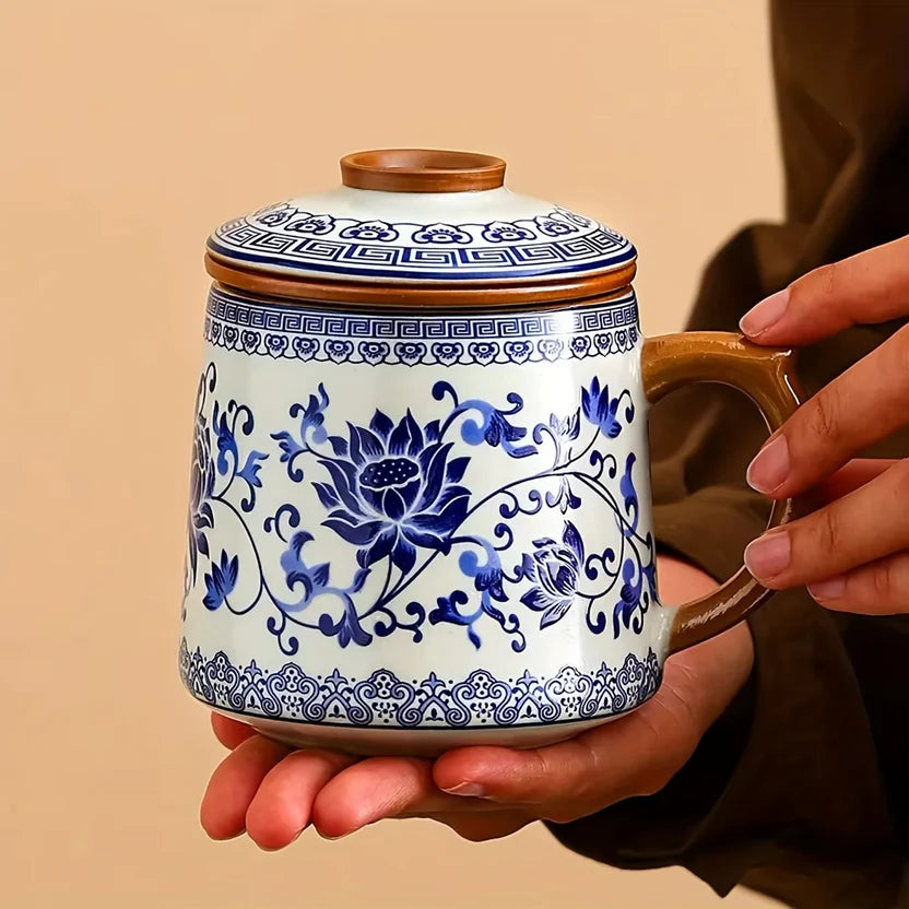 Blue and White Ceramic Tea Mug with Lid, Handmade Floral Porcelain Coffee Cup