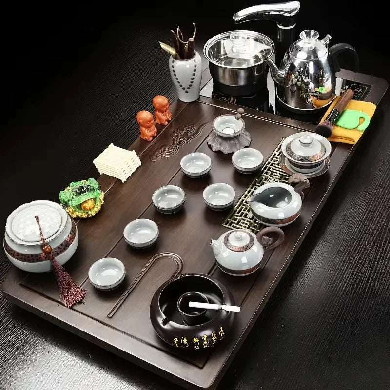 Solid Wood Tea Tray and Purple Sand Kung Fu Tea Set