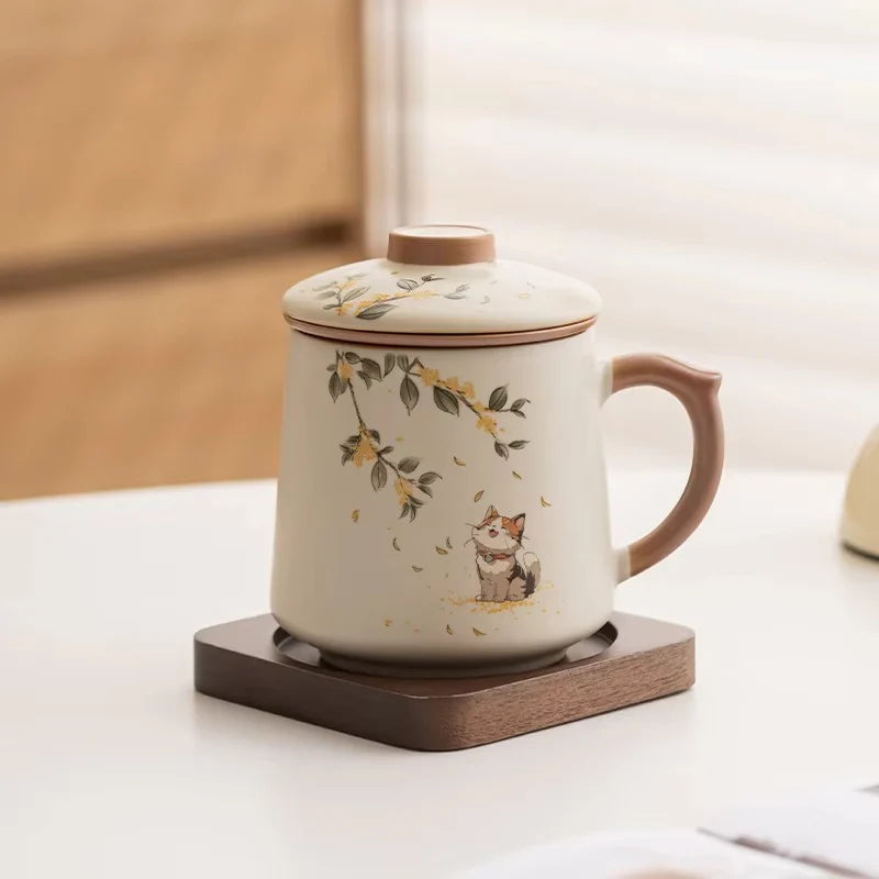 Chinese Style Ceramic Mug with Lid and Built In Tea Filter, 13.5 oz