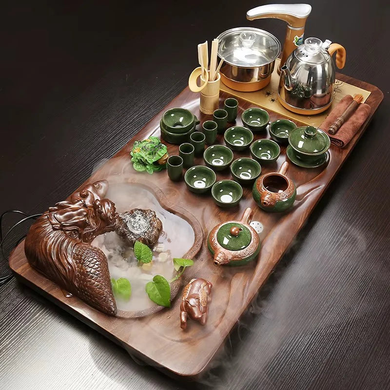 Electric Wooden Tea Tray Set with Flowing Water and Ceramic Kung Fu Teaware