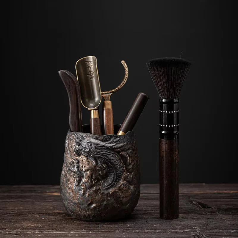 Dragon Gilt Ceramic Tea Set with Pottery Canister and Lotus Pot for Traditional Tea Ceremony
