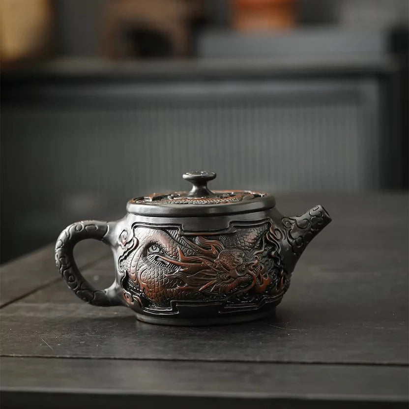 Hand Painted Purple Clay Dragon Teapot with Antique Relief Carving