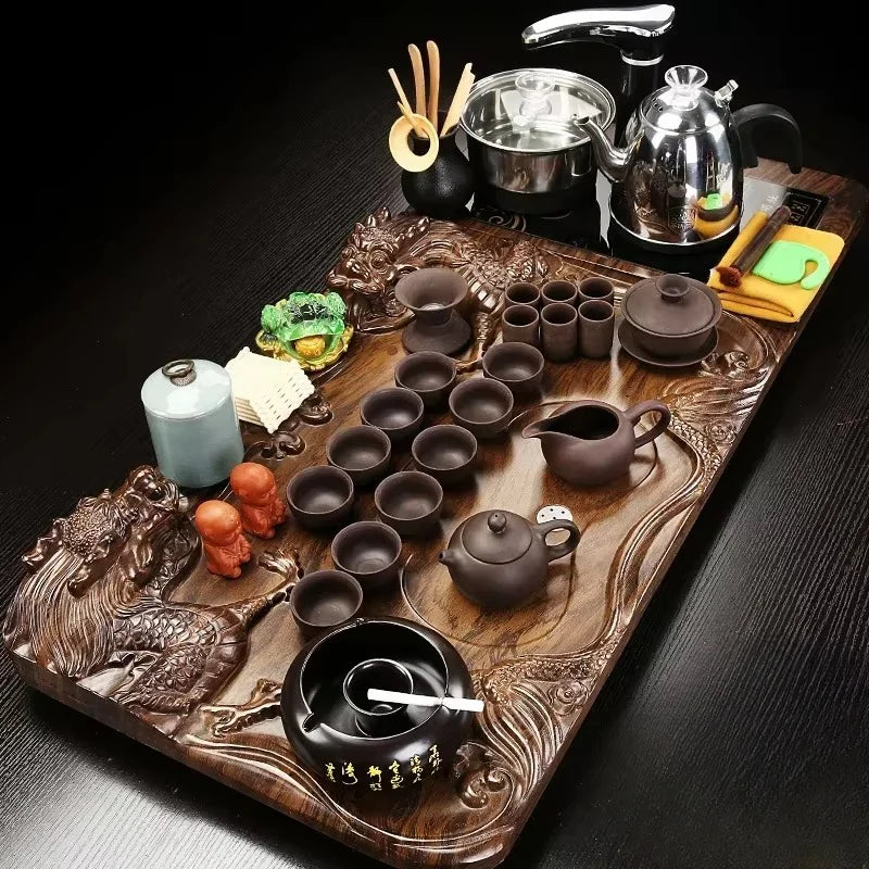 Solid Wood Tea Tray and Purple Sand Kung Fu Tea Set