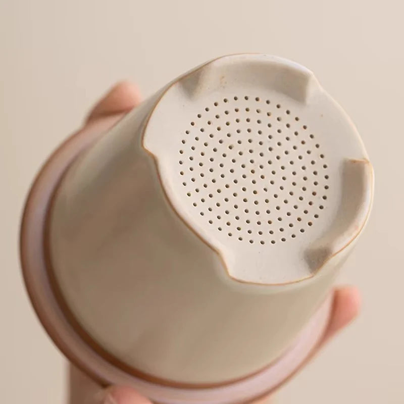 Chinese Style Ceramic Mug with Lid and Built In Tea Filter, 13.5 oz