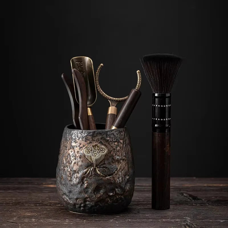 Dragon Gilt Ceramic Tea Set with Pottery Canister and Lotus Pot for Traditional Tea Ceremony