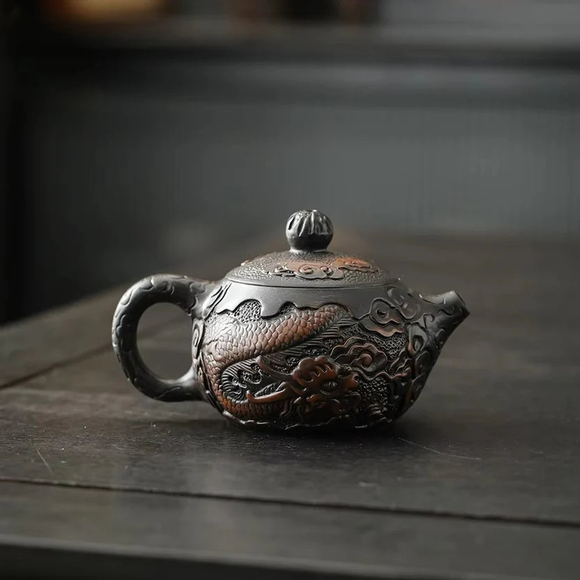 Hand Painted Purple Clay Dragon Teapot with Antique Relief Carving