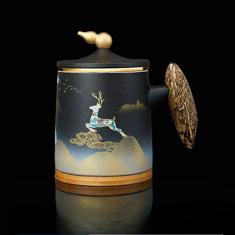 Ceramic Tea Filter Mug with Lid and Large Capacity for Home or Office