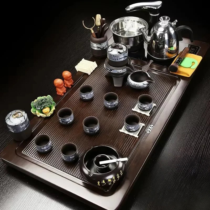 Solid Wood Tea Tray and Purple Sand Kung Fu Tea Set