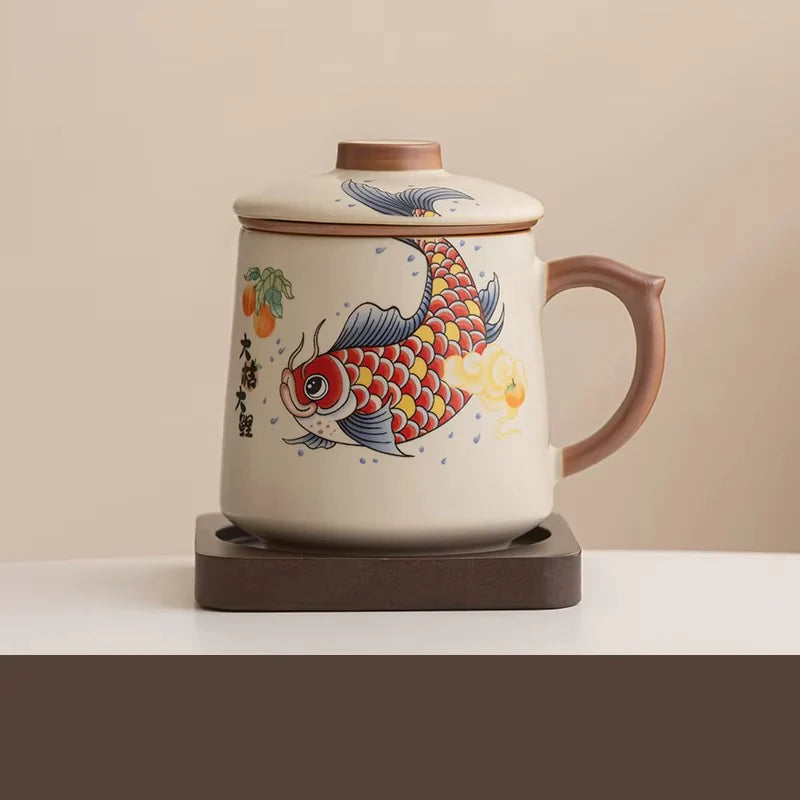 Chinese Style Ceramic Mug with Lid and Built In Tea Filter, 13.5 oz