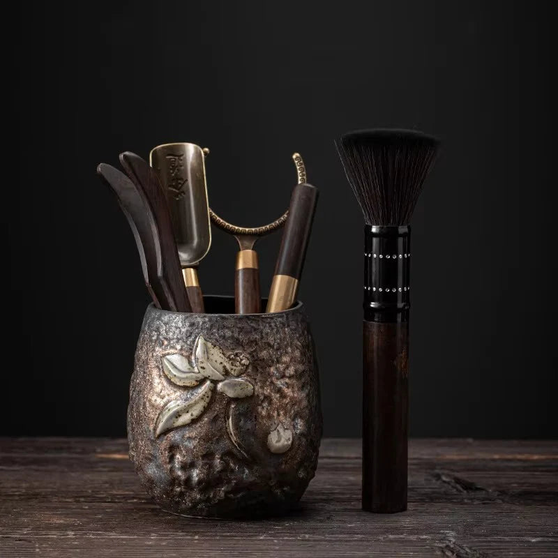 Dragon Gilt Ceramic Tea Set with Pottery Canister and Lotus Pot for Traditional Tea Ceremony
