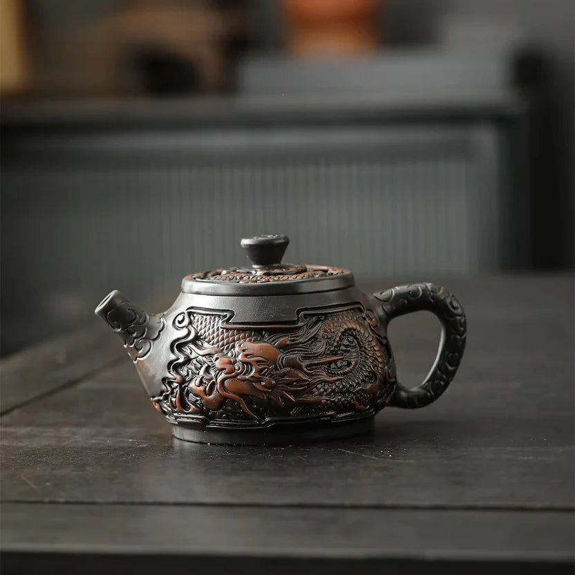 Hand Painted Purple Clay Dragon Teapot with Antique Relief Carving
