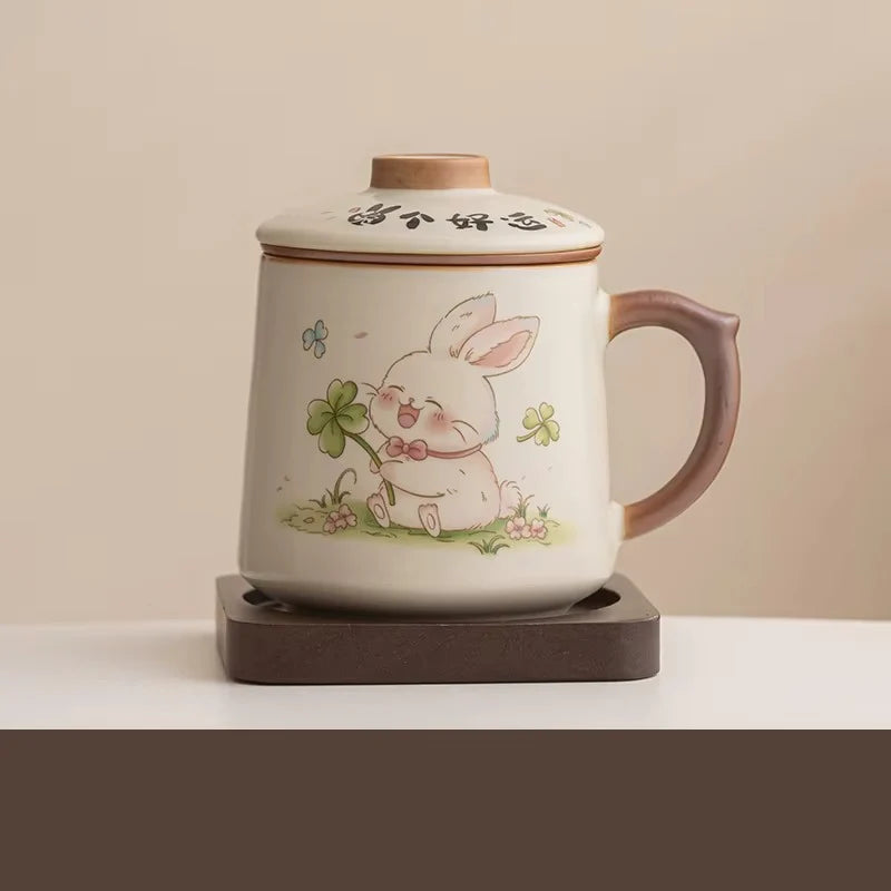 Chinese Style Ceramic Mug with Lid and Built In Tea Filter, 13.5 oz