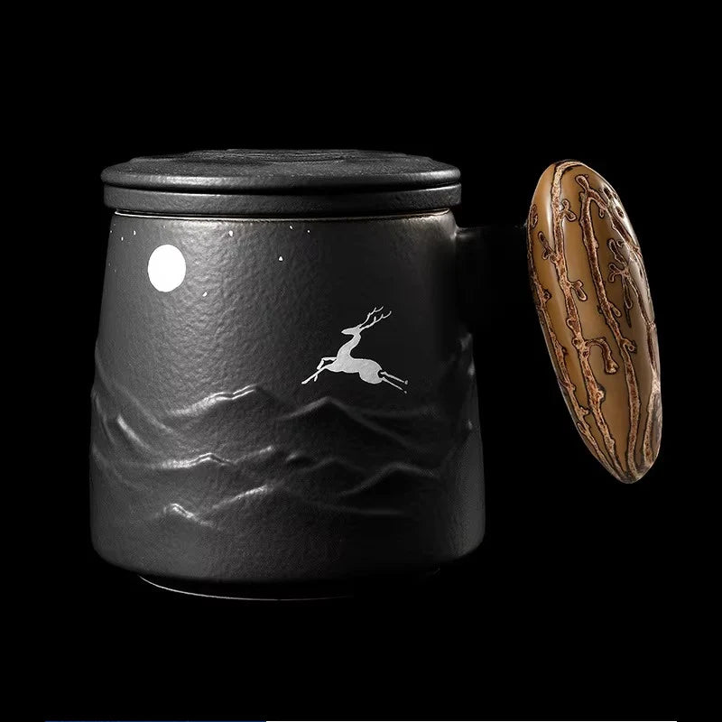 Ceramic Tea Filter Mug with Lid and Large Capacity for Home or Office