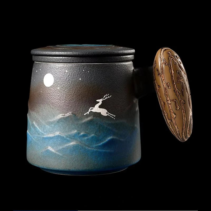 Ceramic Tea Filter Mug with Lid and Large Capacity for Home or Office