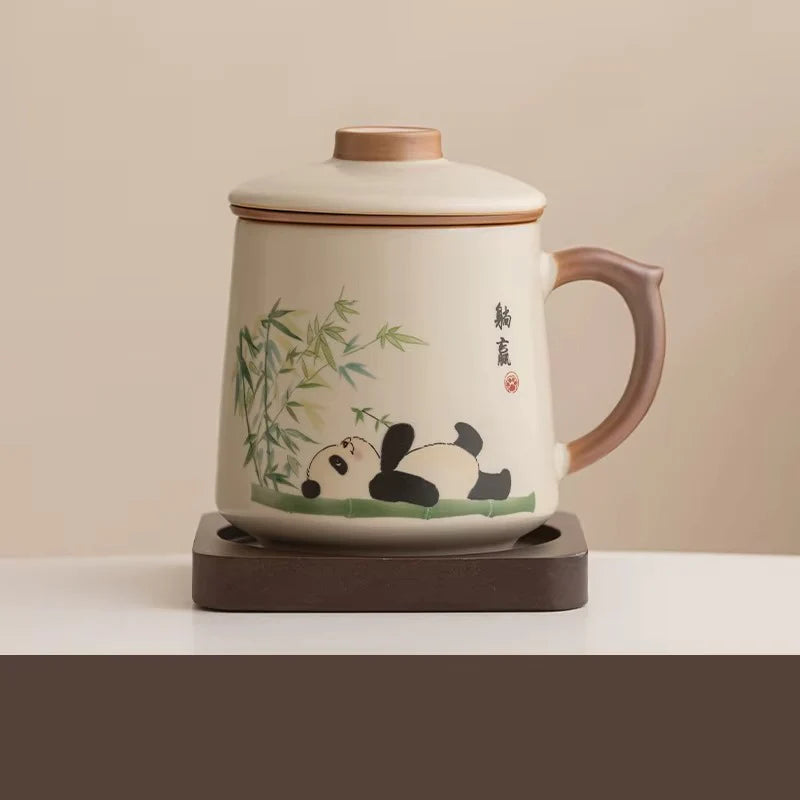 Chinese Style Ceramic Mug with Lid and Built In Tea Filter, 13.5 oz